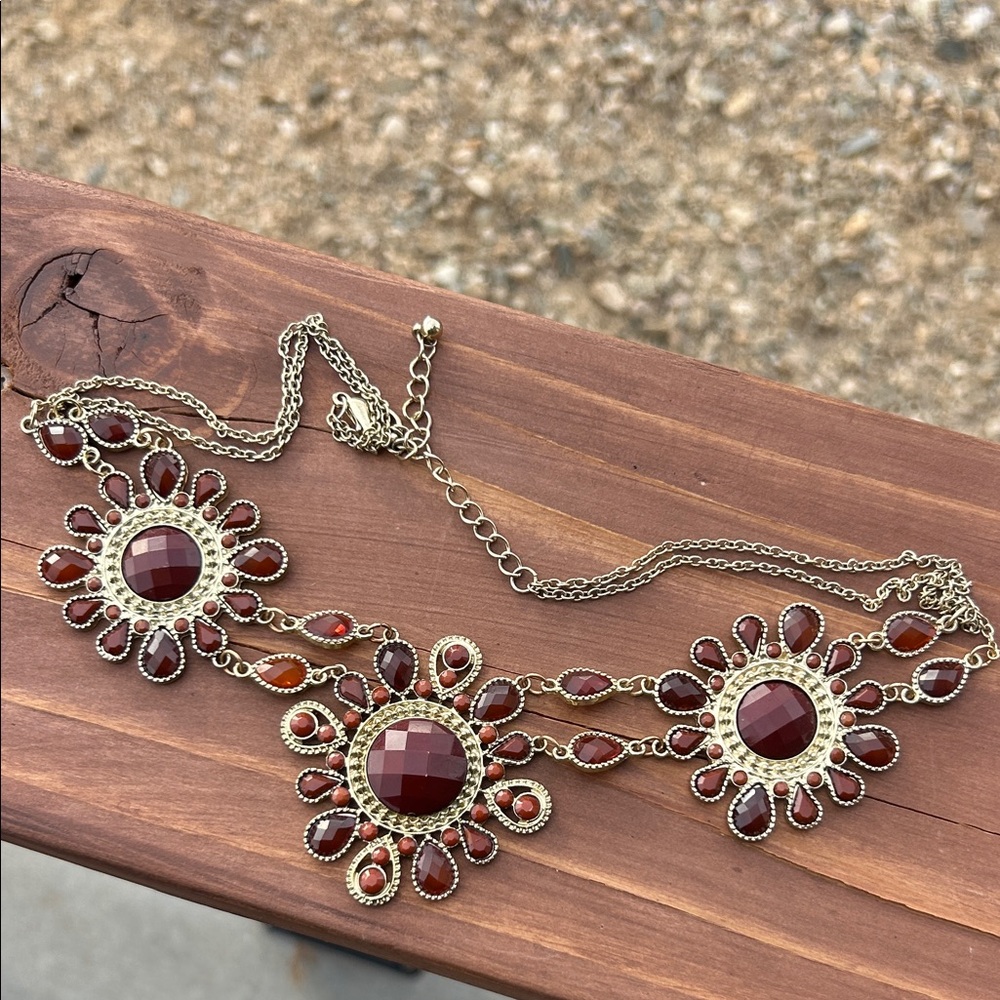 Vintage Gold-Tone Necklace with Deep Red & Burnt Orange Floral Drops - Picture 10 of 11